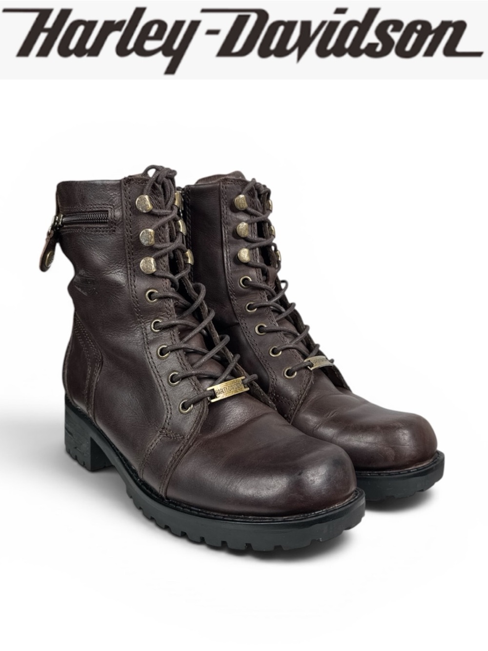 HARLEY DAVIDSON KEELER BROWN LEATHER  MOTO COMBAT BOOTS LACE UP SIDE ZIP SIZE 9